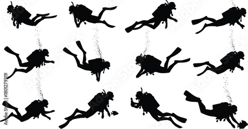 Scuba diver silhouettes, underwater swimming, diving gear, fins, bubbles, marine activity, ocean exploration, black icons, isolated vector