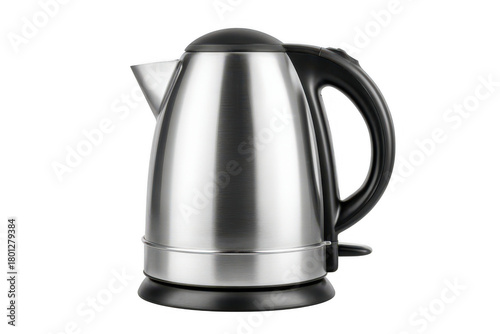 Stainless steel electric kettle on white background with handle and spout for tea or coffee.