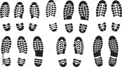 Shoe print patterns collection, black and white footwear treads, forensic footprint design, sole texture, heel marks, isolated