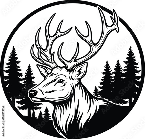Wild deer illustration with antlers in forest background, vintage wildlife design, majestic stag head art, nature and hunting concept.