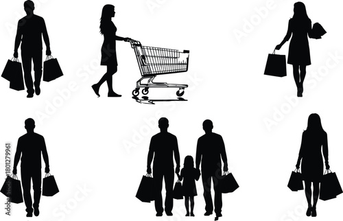 Shopping silhouettes, consumer behavior, retail lifestyle, family shopping, black figures, mall activity, urban shoppers, commerce concept, people with bags, market scene