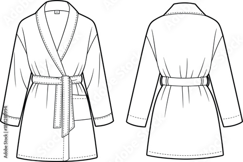 Women bathrobe front and back flat sketch with belt, pocket and long sleeve, technical clothing cad drawing vector illustration