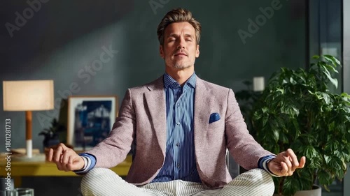 Calm executive practicing mindfulness at home office—soft light, plants and contemporary decor underline emotional balance, focus and sustainable leadership habits