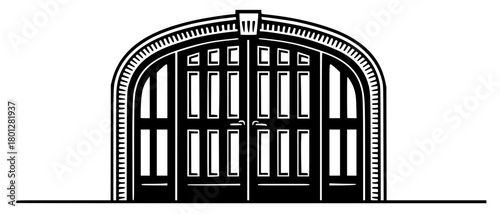 Ornate wrought iron gate with decorative arched top and detailed panels. Grand entrance door with architectural elements. 