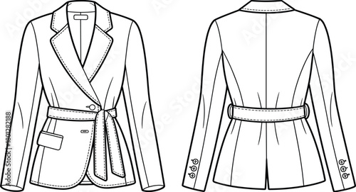 Women belted blazer technical flat sketch with lapel collar and button details, fashion CAD drawing, vector apparel illustration design