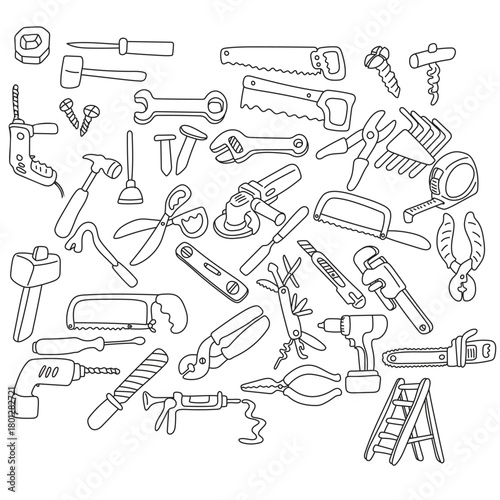 set of tools and equipment illustration vector hand drawn with black lines