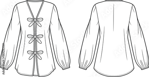 Women blouse technical flat sketch front and back view with bow tie closure and long sleeves, CAD fashion vector illustration
