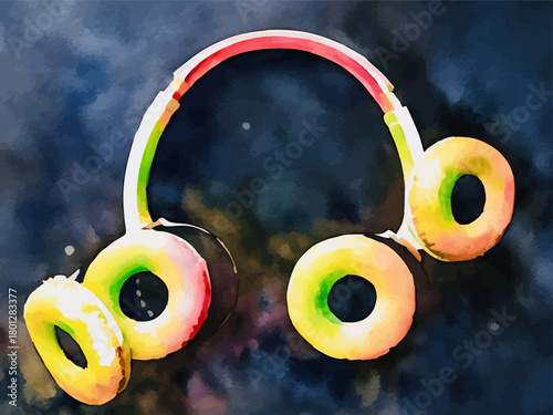 Headphones with two pairs of vividly colored ear pads against the dark background resembling outer space, galaxy, stars; a watercolor-style vector illustration symbolizing cosmic sounds, ambient music