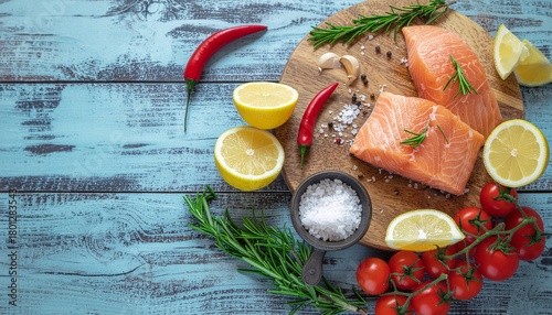 Fresh salmon fillets with lemon, herbs, and spice provide a healthy delicious meal preparation idea