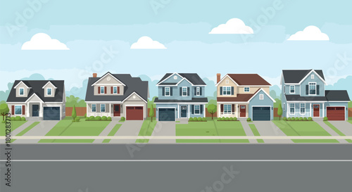 Row of colorful suburban houses under blue sky