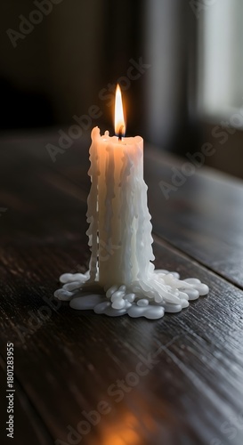 A single white candle with melted wax dripping down, burning steadily on a dark wooden surface in a softly lit room, creating a warm and calming atmosphere