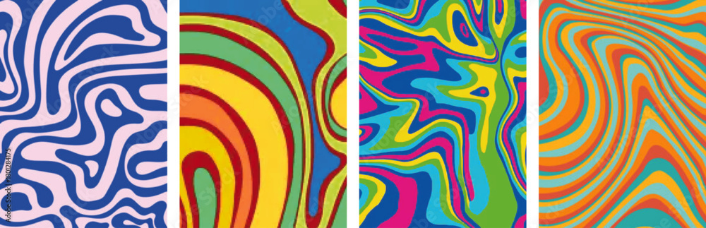 Naklejka premium Vintage 1970s Psychedelic Pattern Collection: Wavy Seamless Trippy Backgrounds with Abstract Vector Swirls and Flowing Retro Wave Textures.