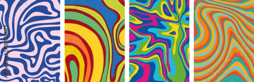 Vintage 1970s Psychedelic Pattern Collection: Wavy Seamless Trippy Backgrounds with Abstract Vector Swirls and Flowing Retro Wave Textures.