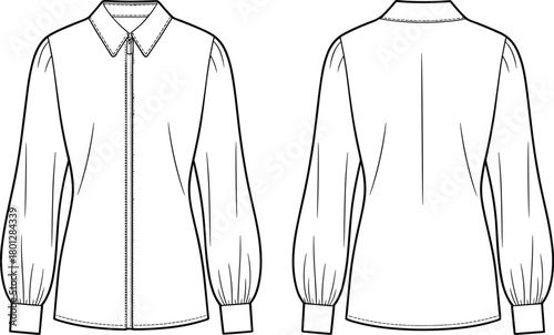 Women blouse technical flat sketch with puff sleeves and collar front and back view, fashion CAD drawing vector illustration