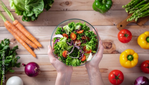 Fresh salad bowl held in hands with vibrant vegetables for a healthy lunch or dinner concept