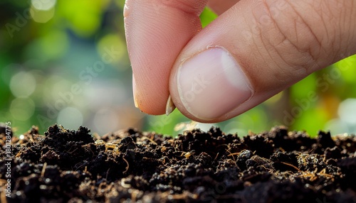 Hand sowing tiny seed in rich dark soil, nurturing new beginnings with springtime planting and gardening
