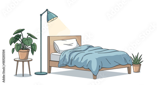 Cozy bedroom illustration with blue bedding, lamp, and potted plants on white background