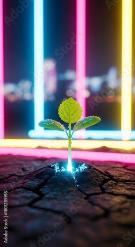 A young plant sprouting from the soil illuminated by vibrant neon lights in a dark environment, symbolizing growth and innovation in a modern setting