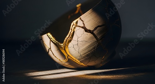 Close-up of a broken ceramic cup with gold accents, highlighting cracks and damage on a dark surface under dramatic lighting conditions