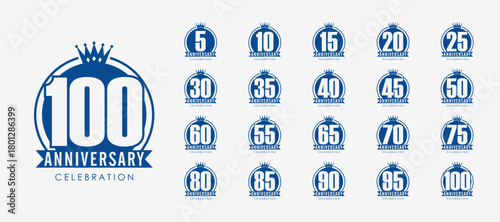 Set of blue anniversary celebration emblem with ribbon and crown on white background. vector illustration template design for web, flyers, poster, greeting card and invitation card