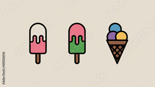 Whimsical ice cream treats collection, sweet summer icons, colorful popsicles and cone, perfect for a fun dessert menu or a playful summertime design