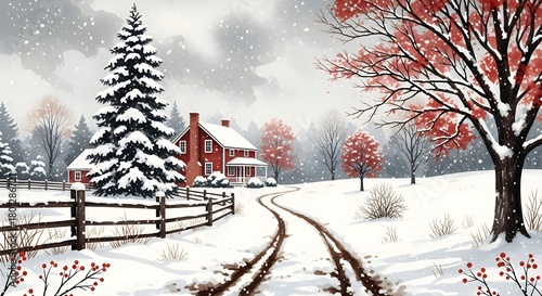 Cozy red farmhouse nestled in a snowy winter landscape with falling snowflakes