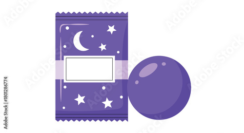 A purple candy wrapper with a moon and stars design next to a single purple ball.