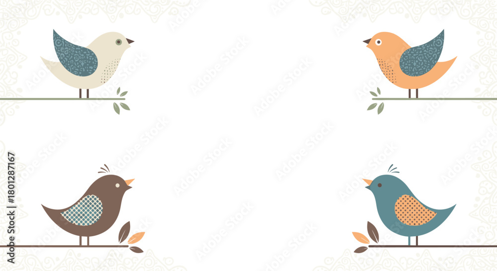 Obraz premium Four adorable cartoon birds perched on branches in a decorative frame.