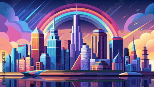 Very beautiful New York City skyline at downtown, featuring tall modern towers, reflective glass buildings, and a vivid rainbow arching above the city after rainfall, captured in clean atmospheric 