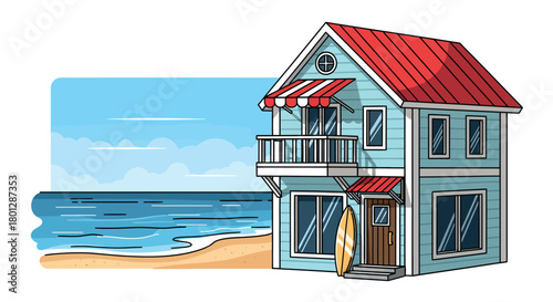 beach house illustration with red roof and surfboard by the seaside