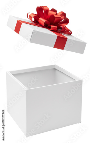 open gift box with red ribbon and bow, isolated.