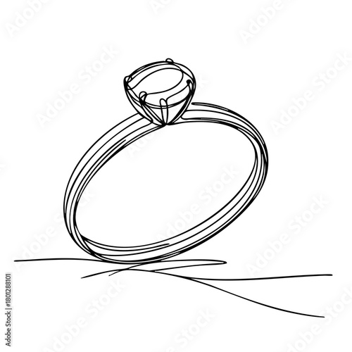 Single line drawing in modern minimalist style of engagement ring with diamond on white background with copy space