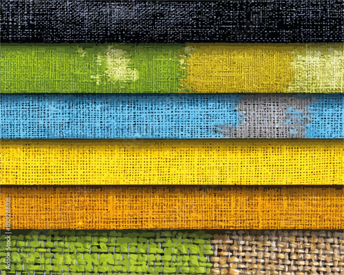 Sfondo astratto di sei strisce orizzontali di tessuto ruvido in colori vivaci e texture grunge