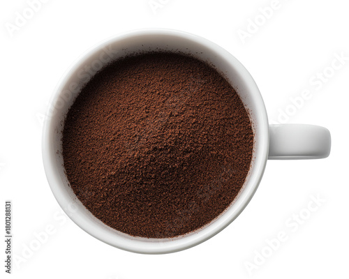 ground coffee in white cup, isolated on white background