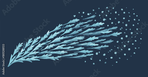 Vettore stilizzato di ghiaccio o neve che si disperde in particelle su sfondo blu scuro.