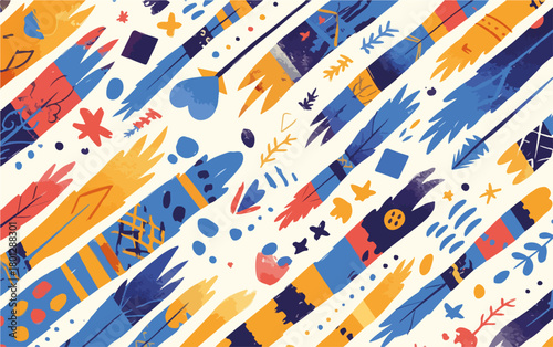 Motivo astratto di pennellate colorate blu e arancioni che cadono in diagonale su sfondo bianco, stile folk.