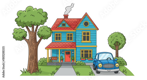 blue house illustration with red roof, car in driveway, and trees