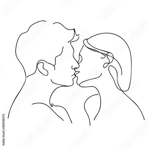 Single line drawing in modern minimalist style of romantic couple kissing 