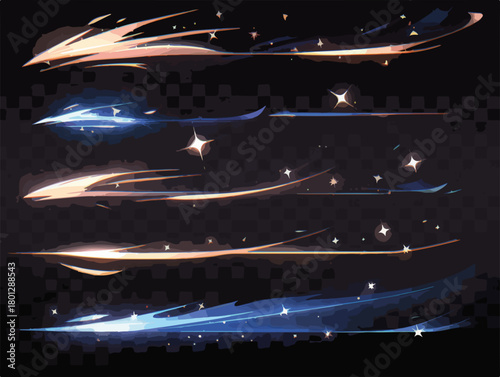 Set di scie luminose astratte e dinamiche, effetto velocità e magia su sfondo scuro, illustrazione vettoriale.