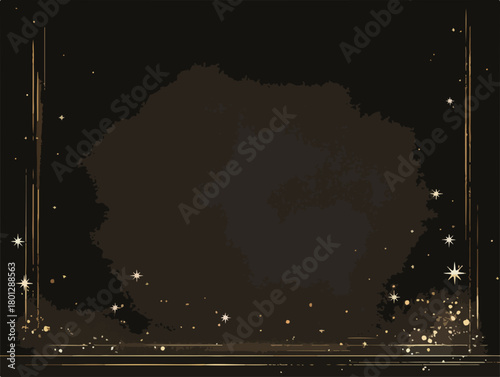 Cornice elegante nera e oro con scintille luminose, sfondo astratto per inviti o celebrazioni di lusso.