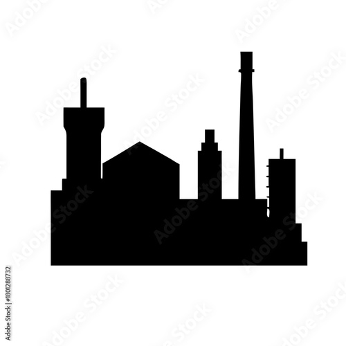 Silhouette of an industrial cityscape with various buildings and a tall chimney on a white background view created with generative ai