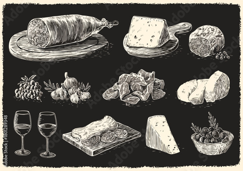 Illustrazione vettoriale in bianco e nero di un ricco tagliere di salumi, formaggi, uva e vino.