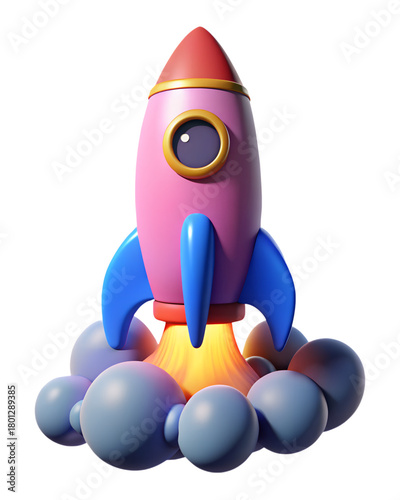 Cute Pink Rocket Ship Launching with Blue Thrusters in 3D Animation