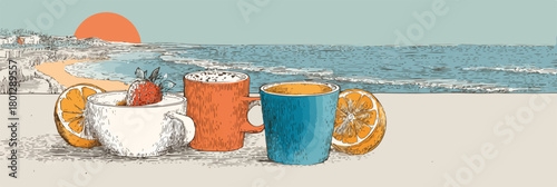 Illustrazione vettoriale di tazze di bevande con fragole e arance sulla sabbia al tramonto vicino al mare.