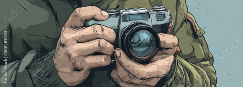 Mani che tengono una macchina fotografica analogica vintage in stile illustrazione vettoriale
