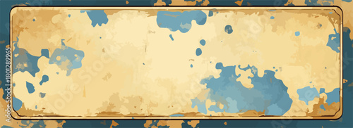 Cornice rettangolare in stile antico con texture pergamena ingiallita e macchie blu.