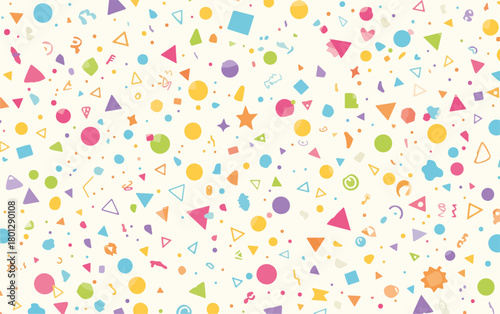 Sfondo festivo con coriandoli colorati, forme geometriche e stelle per celebrare momenti speciali.