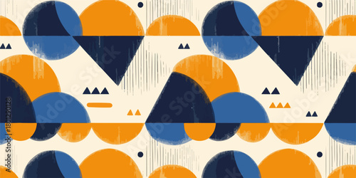 Motivo astratto geometrico con forme circolari e triangolari in blu e arancione su sfondo chiaro.