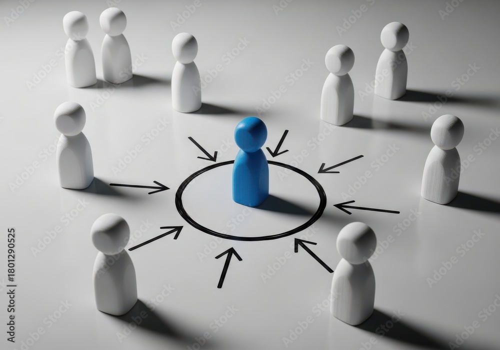 Obraz premium Leadership focus group concept with blue figure surrounded by white team