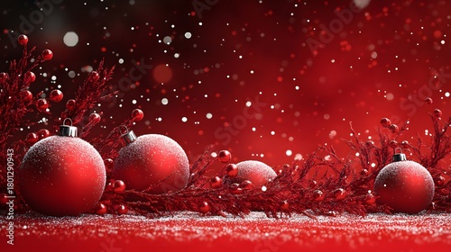Bright red ornaments sparkle on a snowy surface, surrounded by festive greenery and snowflakes falling gently in the background, capturing the spirit of the holiday season.